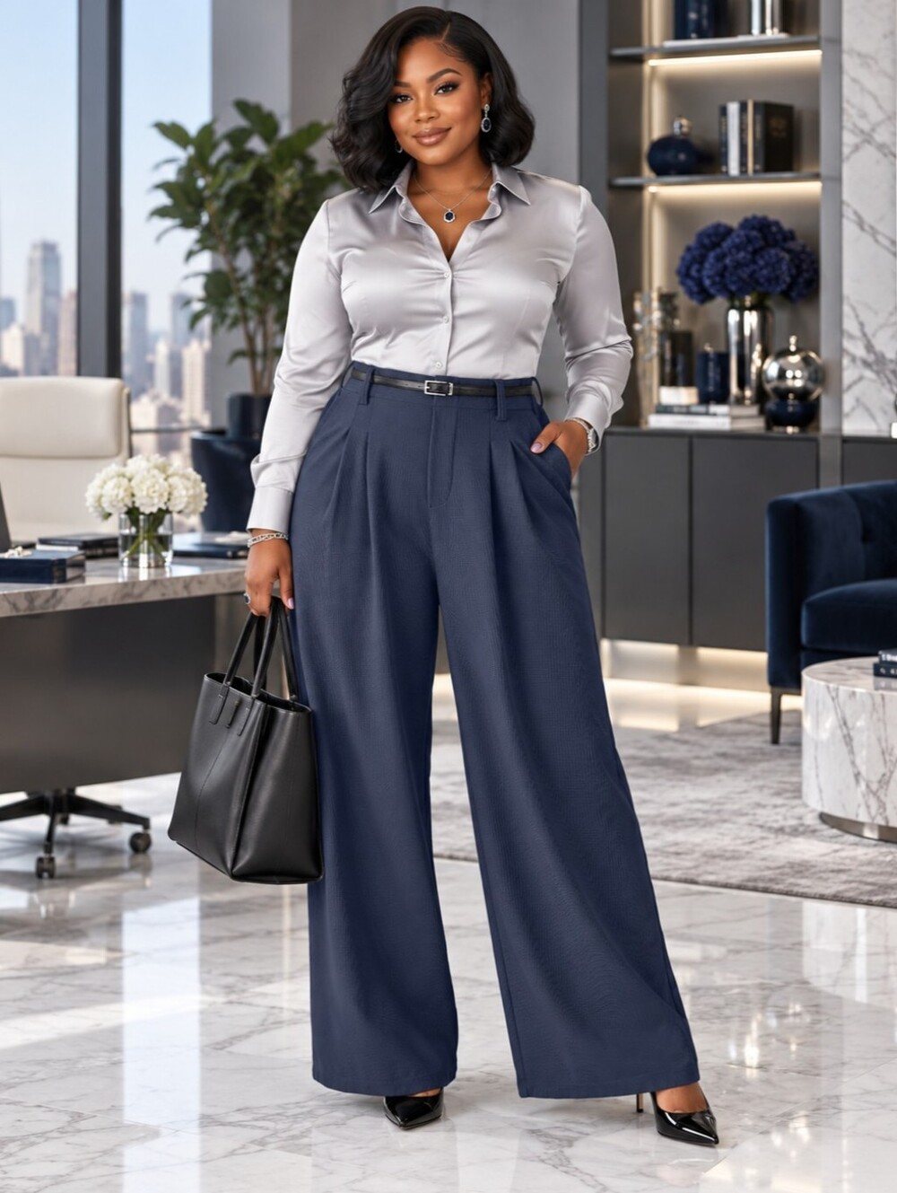 NWoT HALARA Waffle Knit High Waist Pleated Trousers Navy Work Pants XL Regular